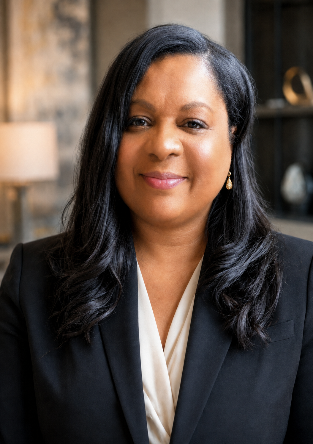 Suprina Brown in a black suit, host of The Favor Experience